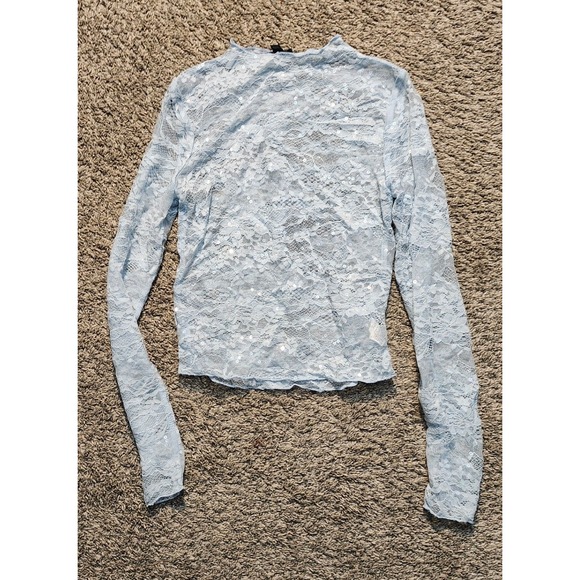 wild fable Tops - Wild Fable Light Blue Floral Lace Sequin‎ Mock Neck Long Sleeve Sheer Top Small